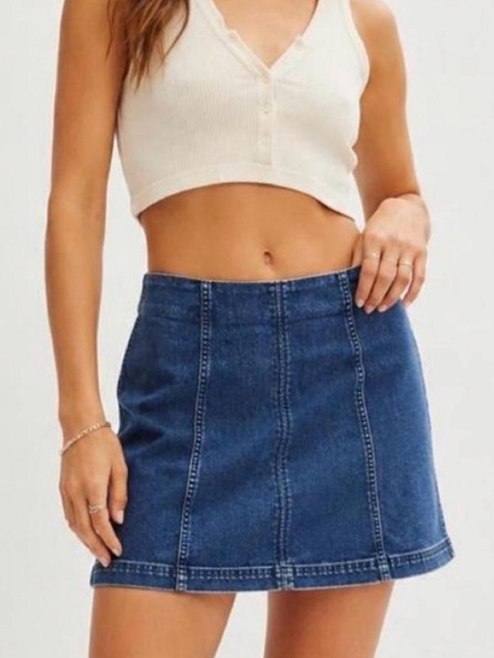Free People Modern Femme Blue Denim Zip Back Mini Skirt 12